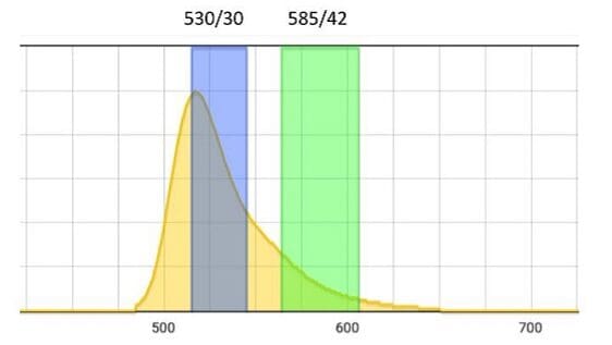 Emission spectrum of Fluorescein. Two filters are highlighted.
