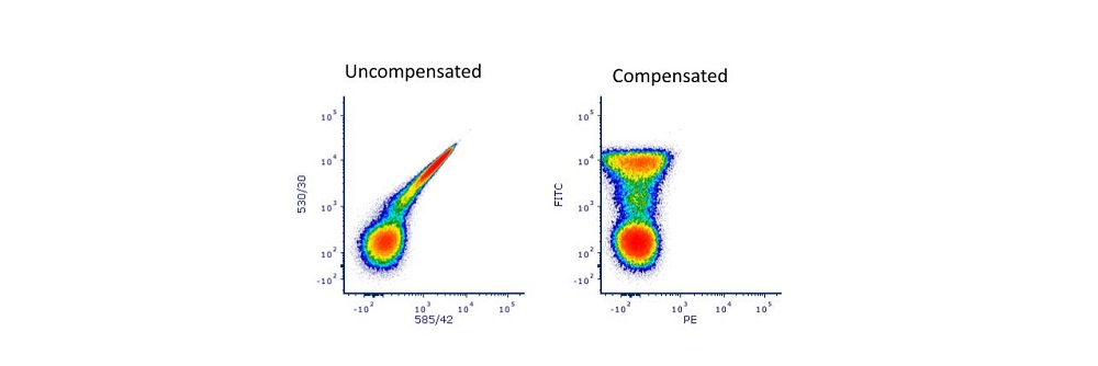 Figure 2: Uncompensated and compensated FITC single stained control. 