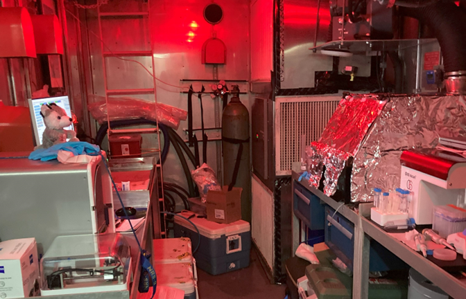 Inside the cold van where the WOLF Cell Sorter was housed (left).